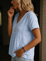 Minimalist Short-sleeve Linen-cotton Blend Top With Lace Trim Detailing