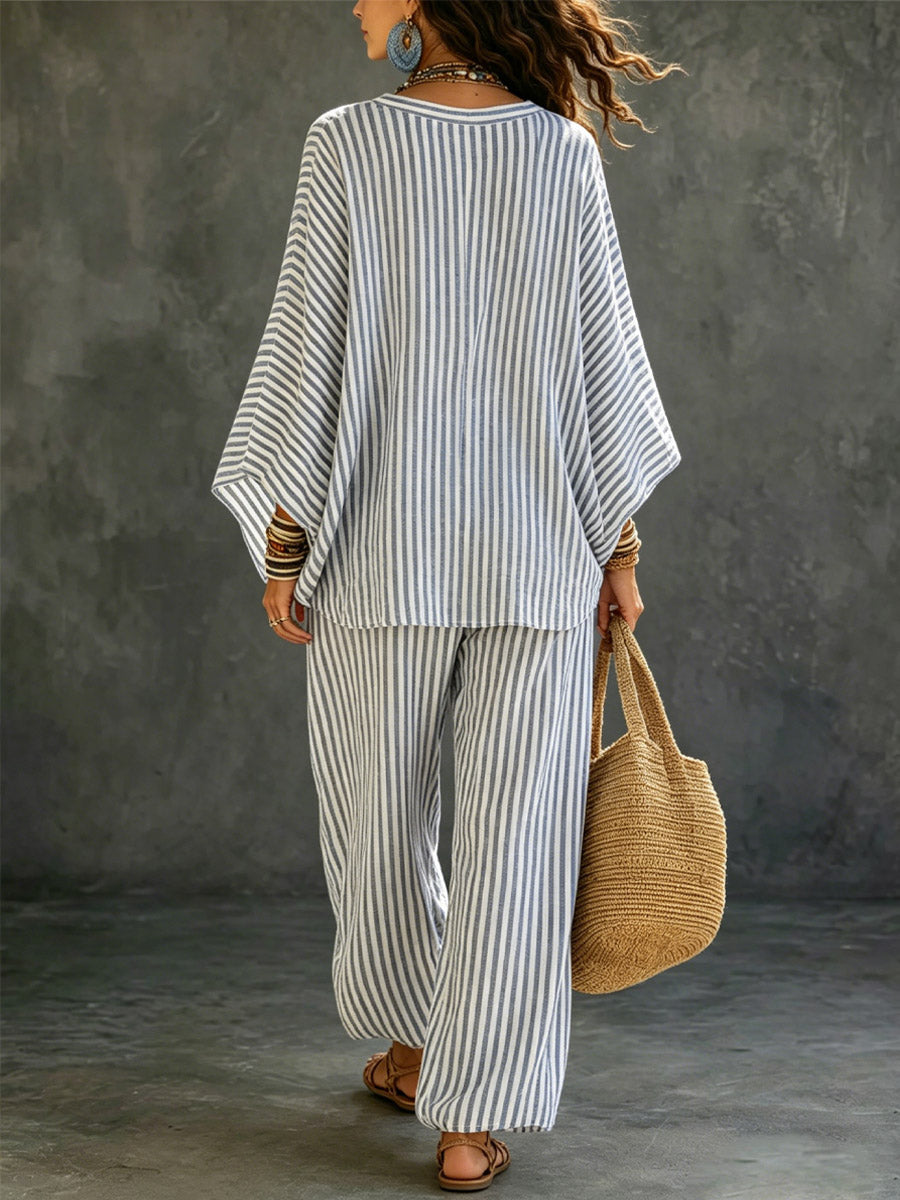 Women's Striped Art Casual Long Sleeve Top And Pants Cotton And Linen Two-piece Set