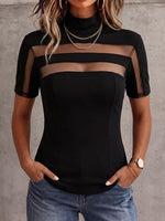 Women's Solid-color Stand-collar Short-sleeve Casual Loose Mesh-panel Top