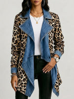 Casual Mid-length Jacket Featuring A Vintage-style Leopard Print Panel, Washed Denim, And An Asymmetrical Oversized Lapel Collar