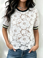 Women's Sheer Floral Lace Striped Trim Top