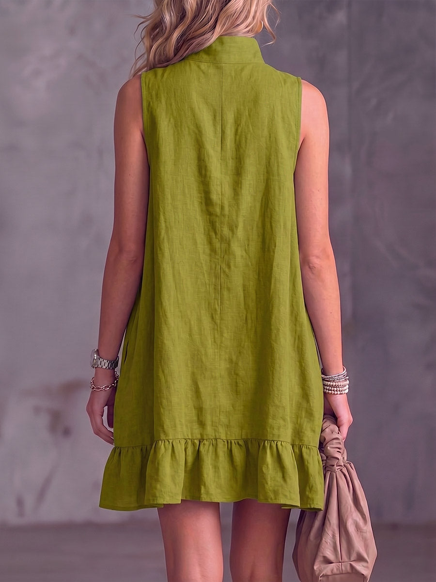 Women's Solid-color Stand-collar Sleeveless Casual Loose Cotton-linen Dress