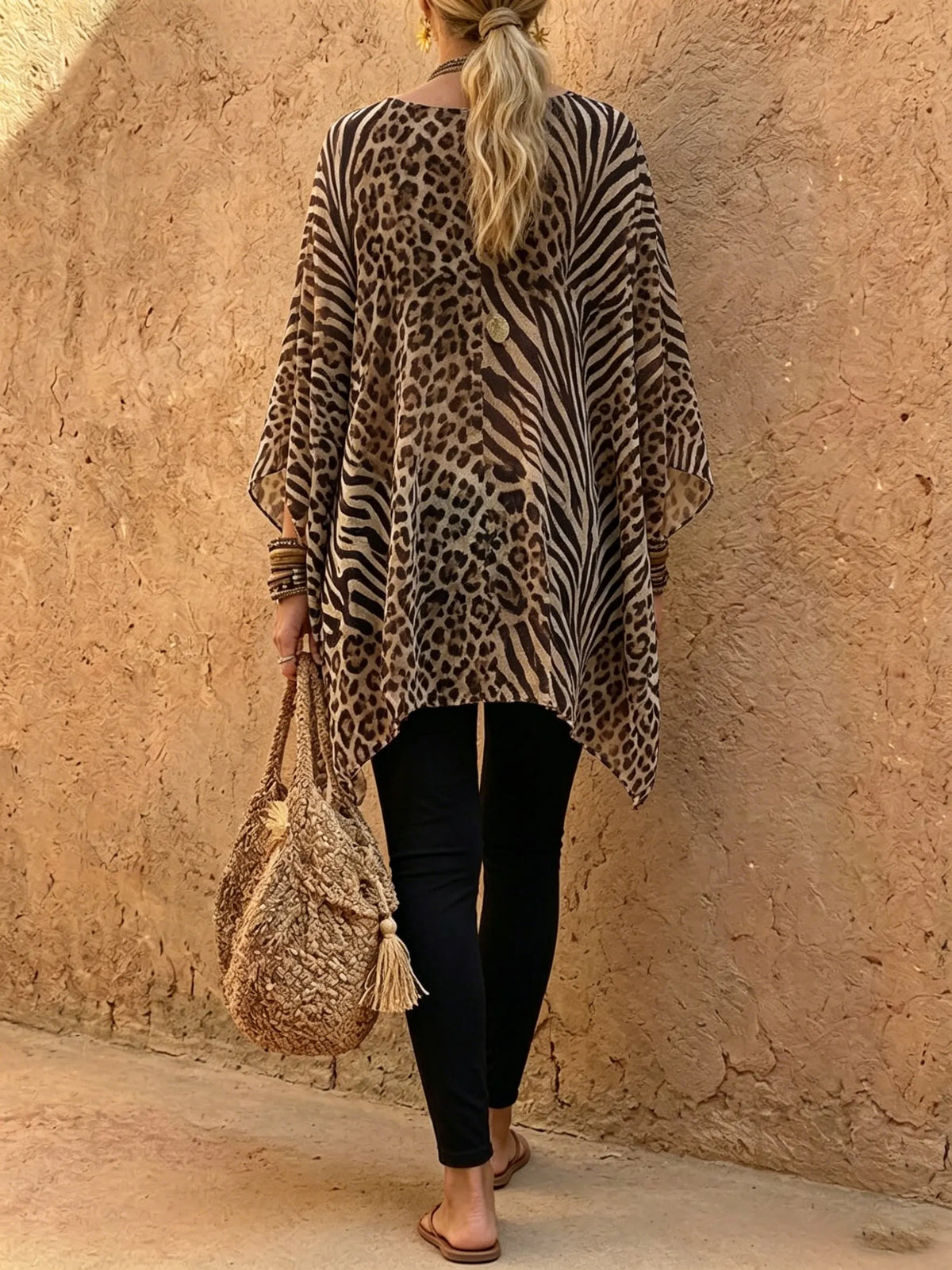 Women's Animal Print V-Neck Poncho Top