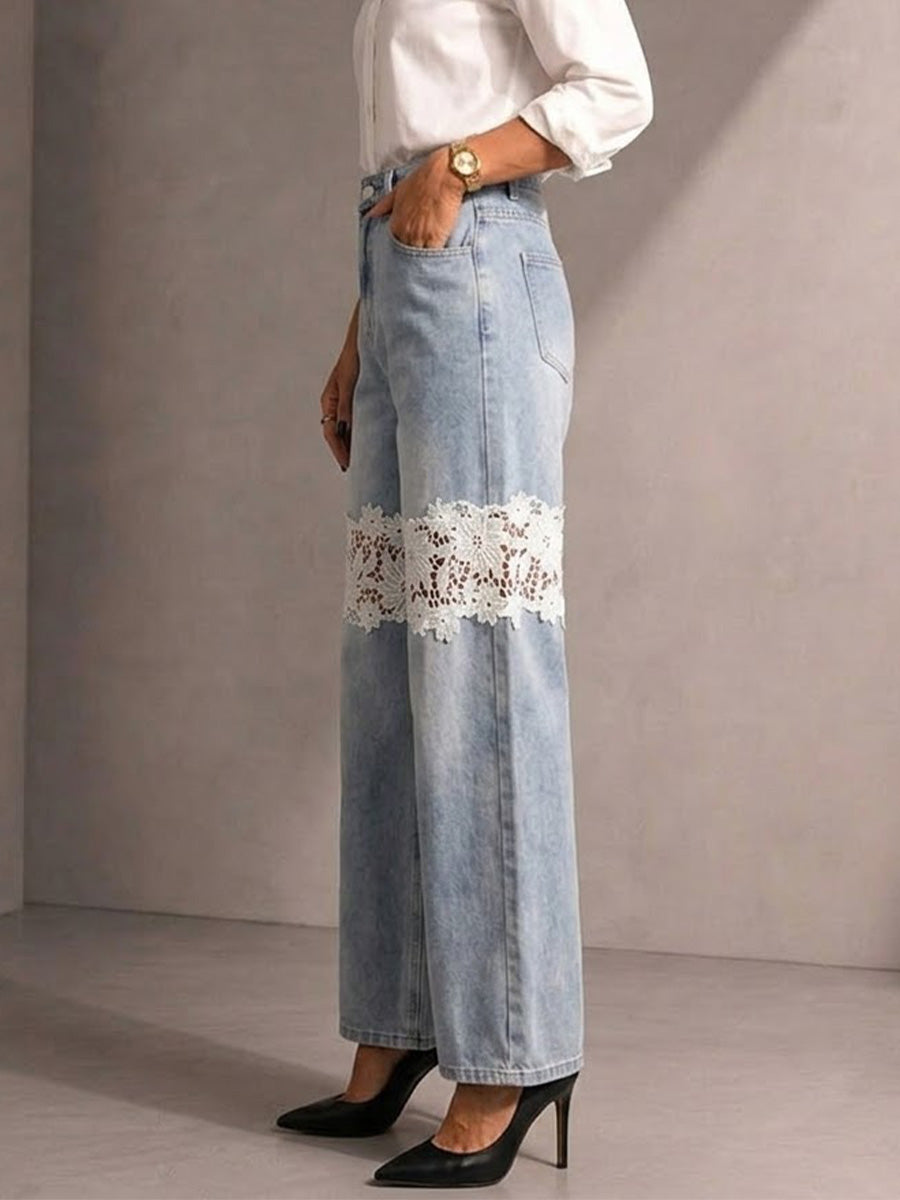 Wash High Waist Straight Wide Leg Denim Pants Dual Knee White Floral Hollow Lace Splice Drape Trousers