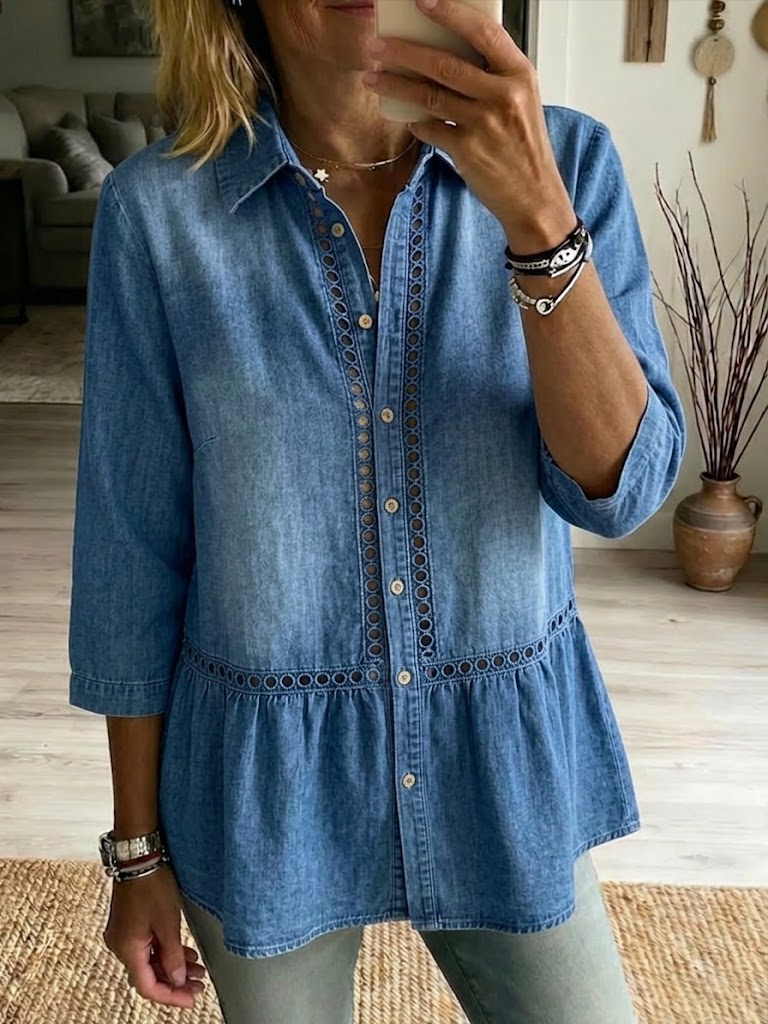 Casual Denim Shirt With Spliced cut-out Lace Detailing