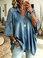 Women's Hollow Embroidery Lace Spliced Denim Loose 3/4 Sleeve Blouse
