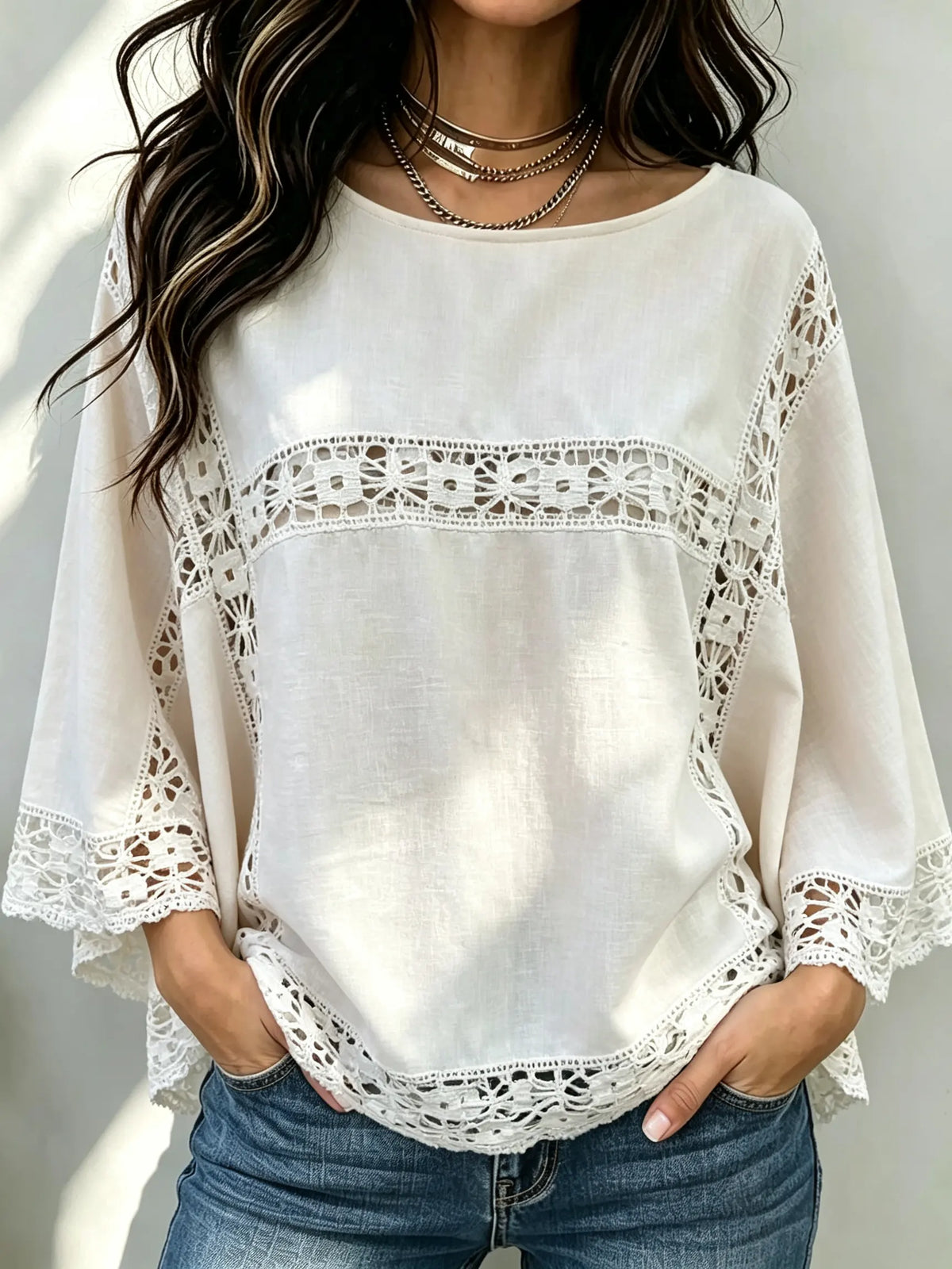 Women's Crochet Lace Panel Loose Blouse