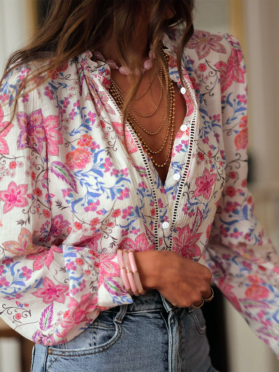 Retro Elegant Floral Pattern Loose Art Casual Long Sleeve Shirt