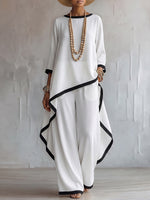 Stylish Cotton-linen Two-piece Set With Elegant Color-contrast Trim