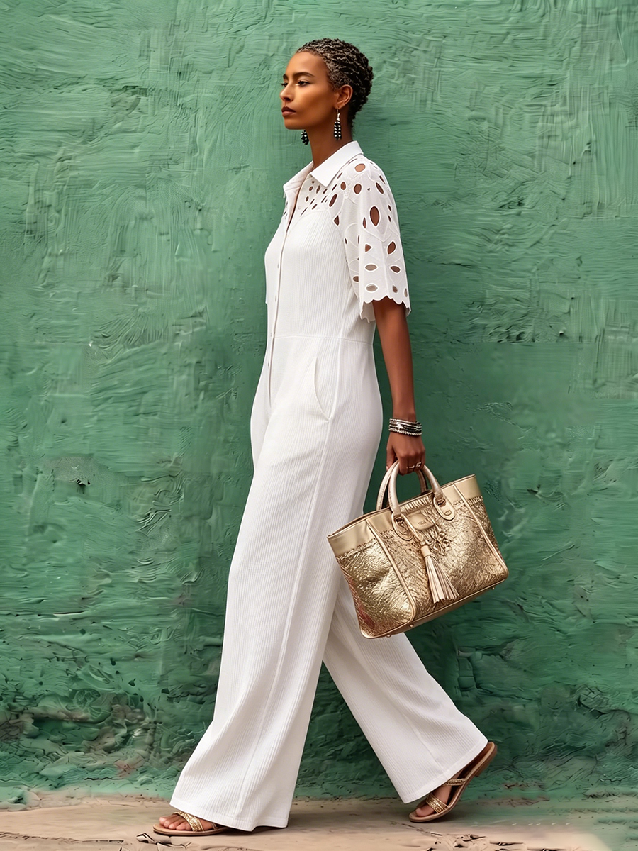 Elegant Chic Floral Lace-panel Knit Jumpsuit