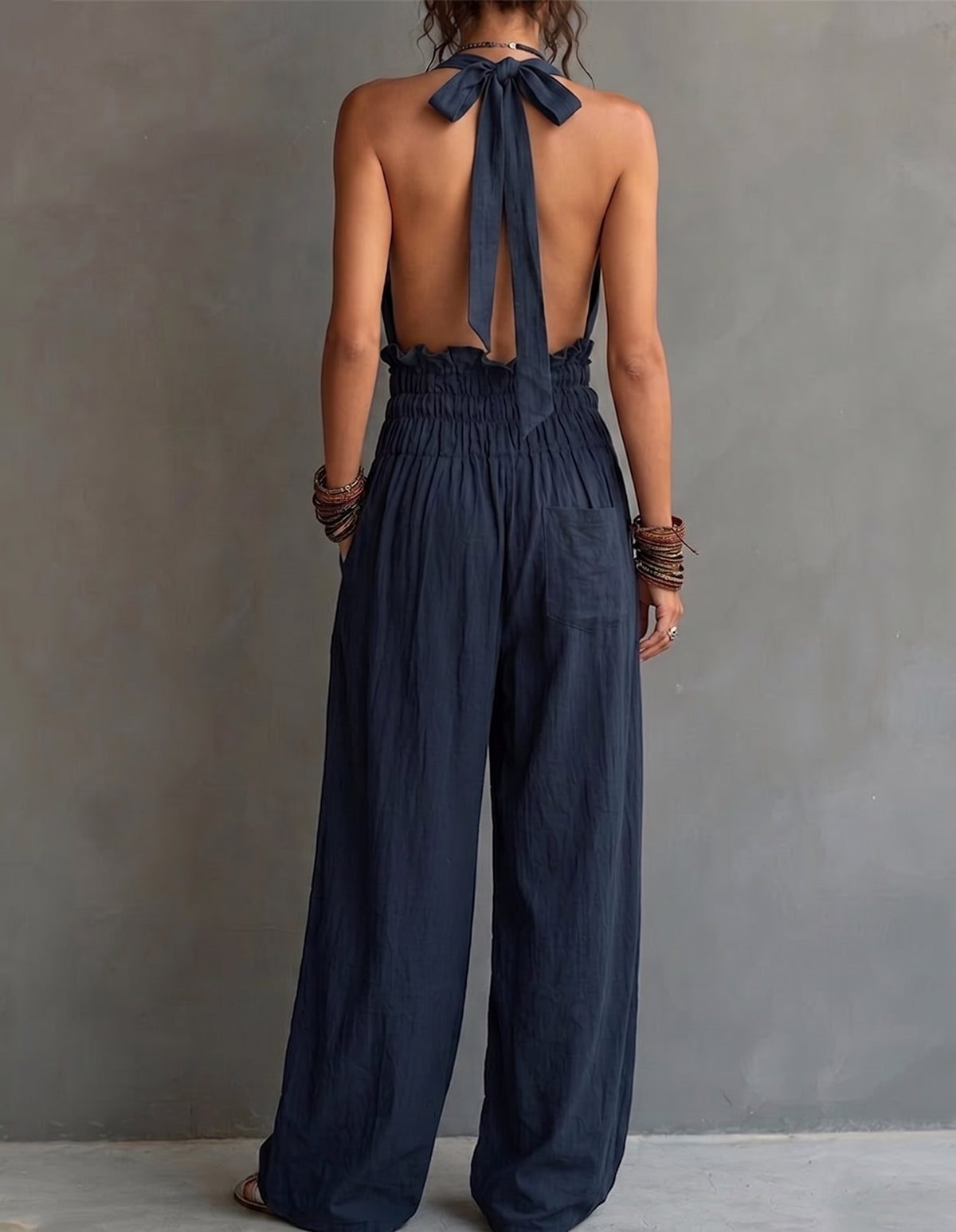 Women's Deep V-neck Backless Halter Neck Wide-leg Jumpsuit