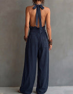 Women's Deep V-neck Backless Halter Neck Wide-leg Jumpsuit
