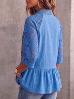 Vintage Elegant Patchwork Denim Leopard Cutout Lace Cotton-Linen Shirt