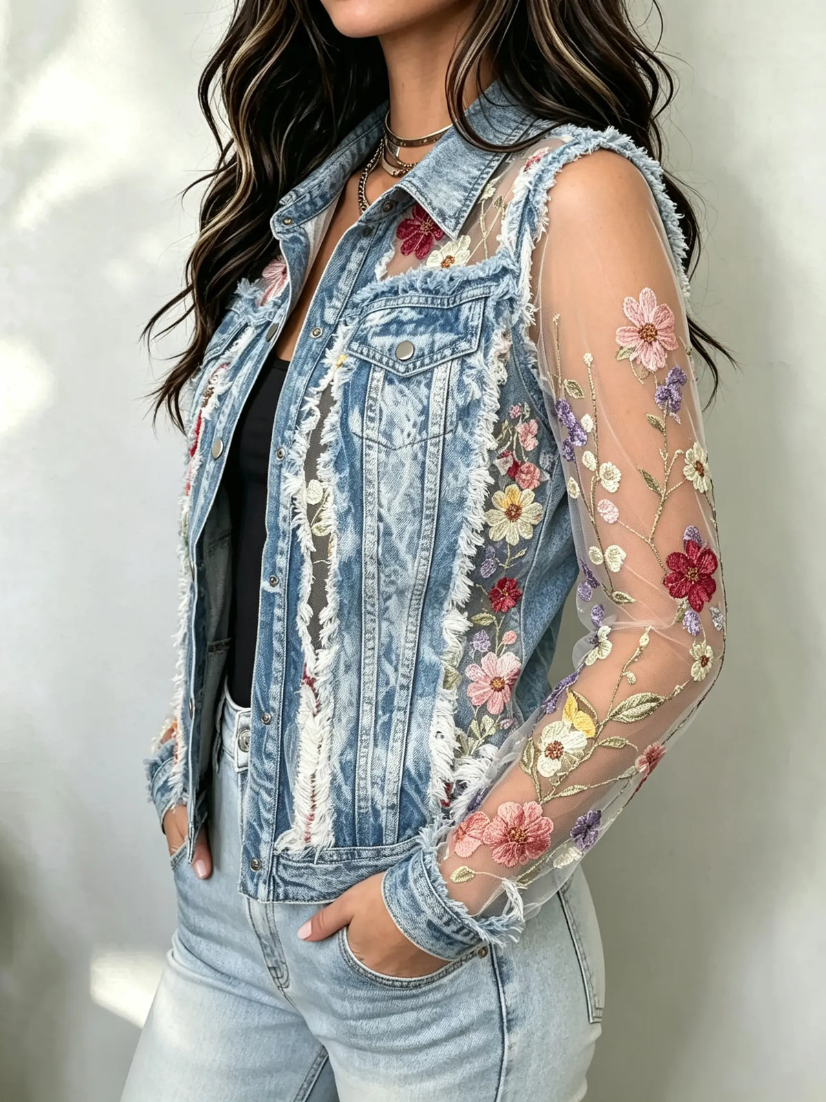 Women's Flowers Mesh Denim Jacket
