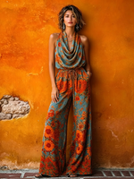 Boho Vintage Cowl-neck Floral Print Jumpsuit