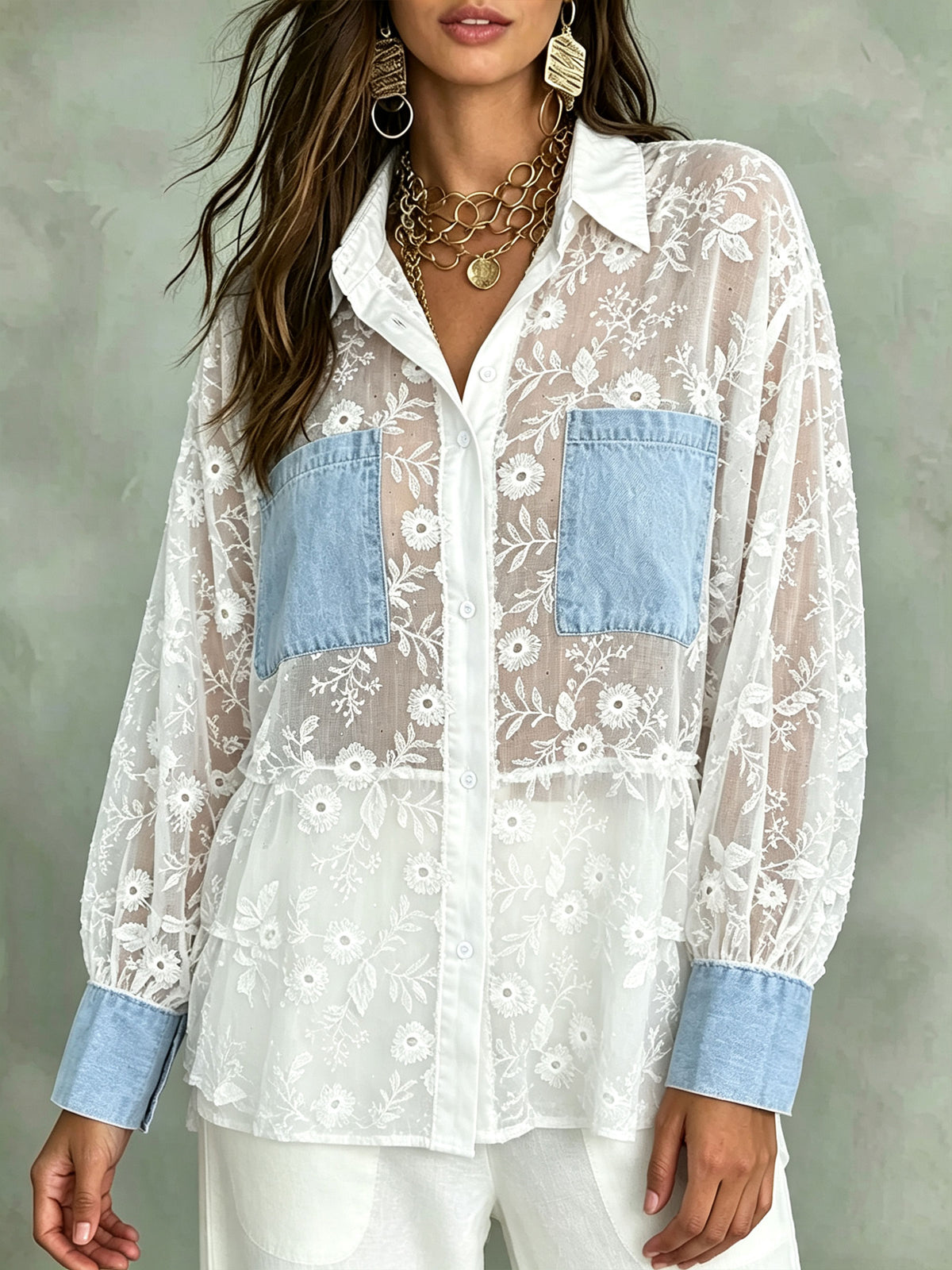Women’sFloral Embroidery Sheer Lace Shirt With Denim Patch Pockets