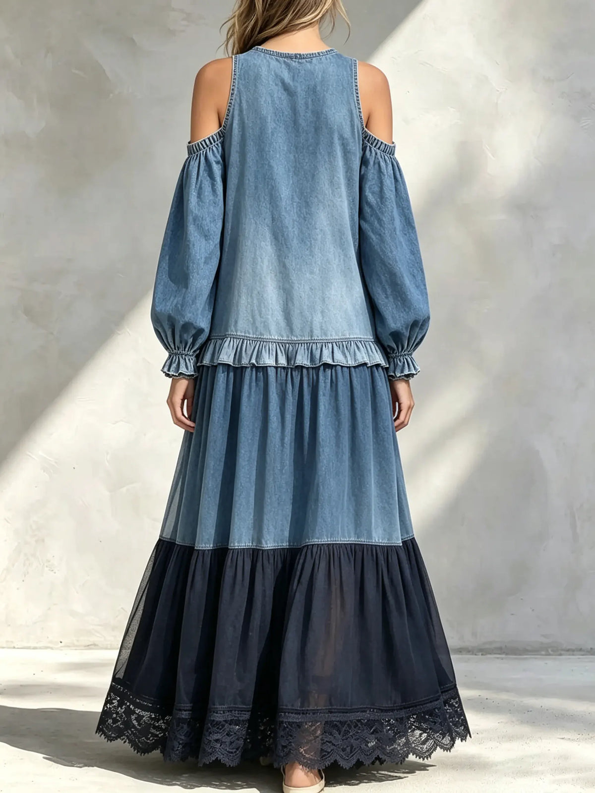 Women Gradient Denin Solid Halter Cold Shoulder Tiered Maxi Dress