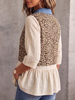 Vintage Elegant Patchwork Denim Leopard Lace Cotton-Linen Shirt