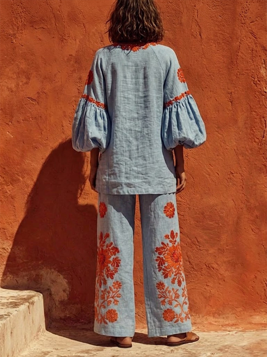 Bohemian Floral Print Linen And Cotton Two-piece Top And Pants Set