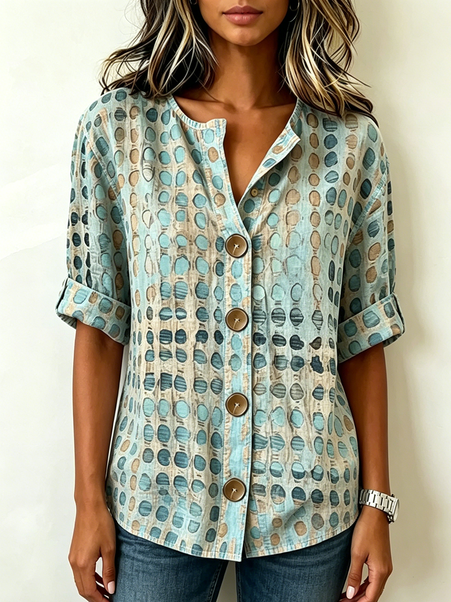 Artistic Watercolor Polka-dot Print Cotton-linen Henley Shirt