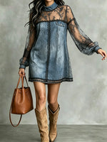 Women's Black Lace Patchwork Denim Long Sleeve Mini Dress