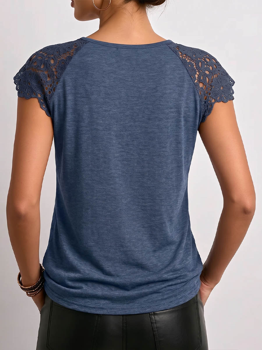 Women's Solid-color Crew Neck Short-sleeve Casual Loose Lace-panel Top