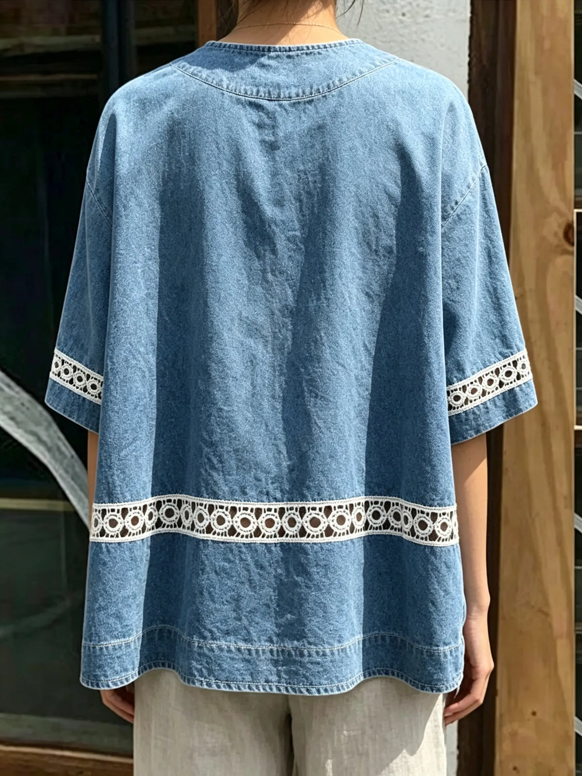 Women's Oversized Denim Lace Inset Top