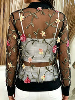 Women’s Sheer Mesh Floral Embroidery Zip Up Stand Collar Bomber Jacket