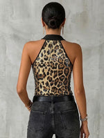 Stylish Sleeveless Knit Top With Sequins And Leopard Print