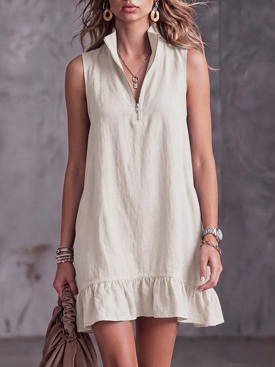 Women's Solid-color Stand-collar Sleeveless Casual Loose Cotton-linen Dress