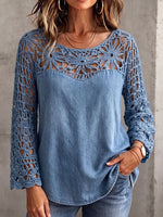 Vintage Elegant Crochet Floral Patchwork Denim Shirt
