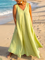 Boho Green Melody Scalloped-edge Cardigan And Cotton-linen Dress Set