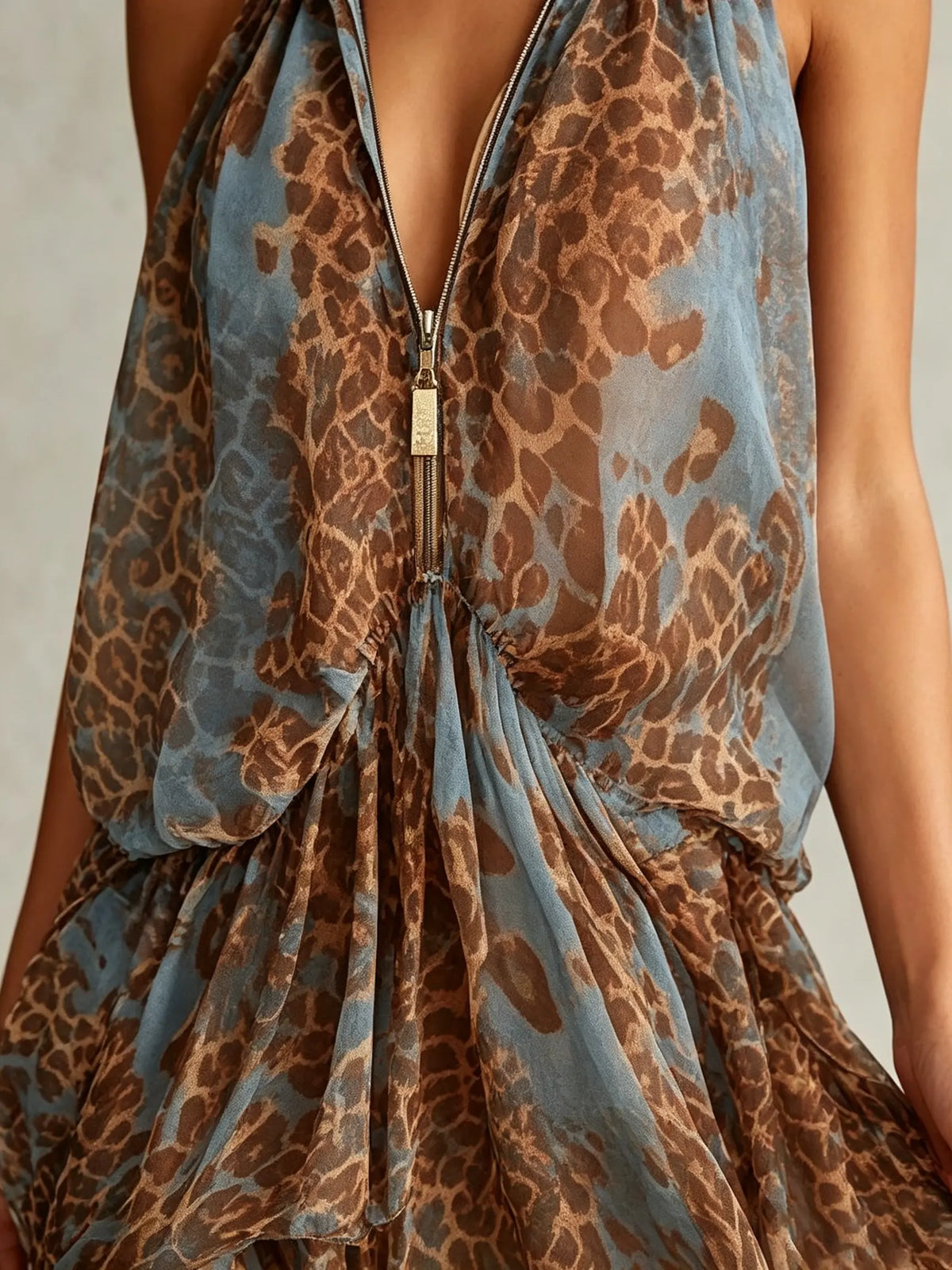 Women's Leopard Zip-Front High-Low Halter Dress