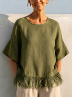 Solid-color Washed Linen Loose-fit Top Featuring A Round Neck, Ruffled Mid-length Sleeves, And A Tassel Hem—designed For A Relaxed, Flattering Fit