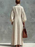 Bohemian-style Solid-color Linen Dress Featuring A Lapel, Button-front, Floral Print, Puff Sleeves, And A Voluminous Skirt