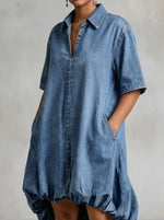 Women’s Short Sleeve Bubble Hem Irregular Denim Shirt Dress With Side Pockets