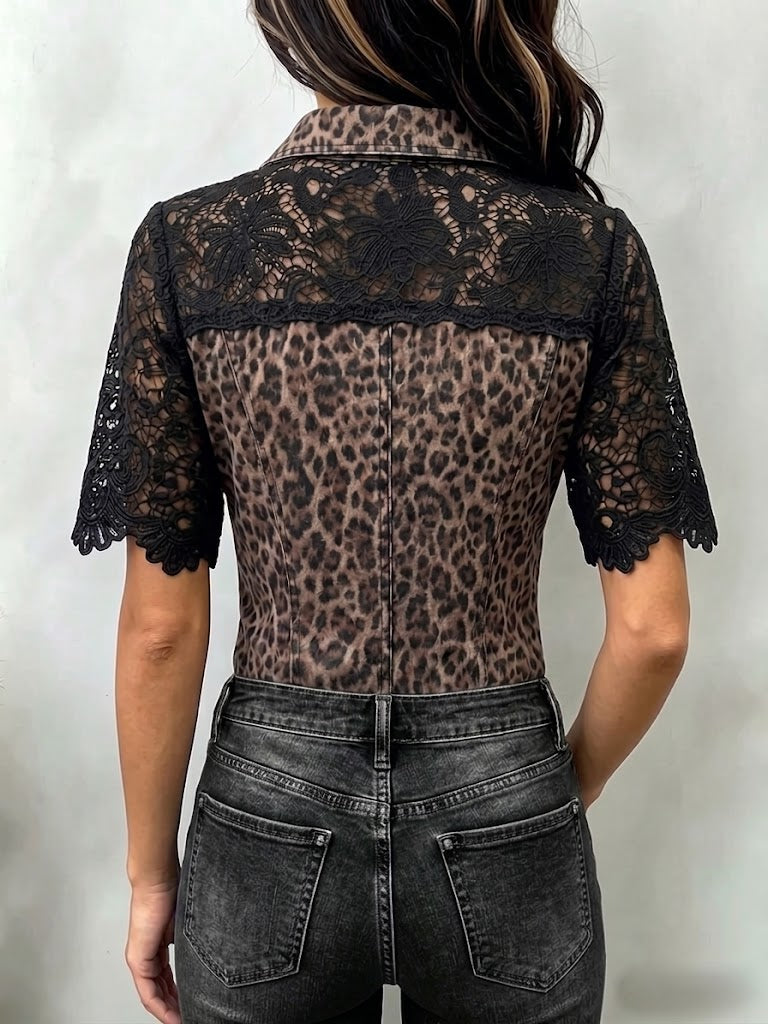 Casual leopard-print denim shirt with lace panels