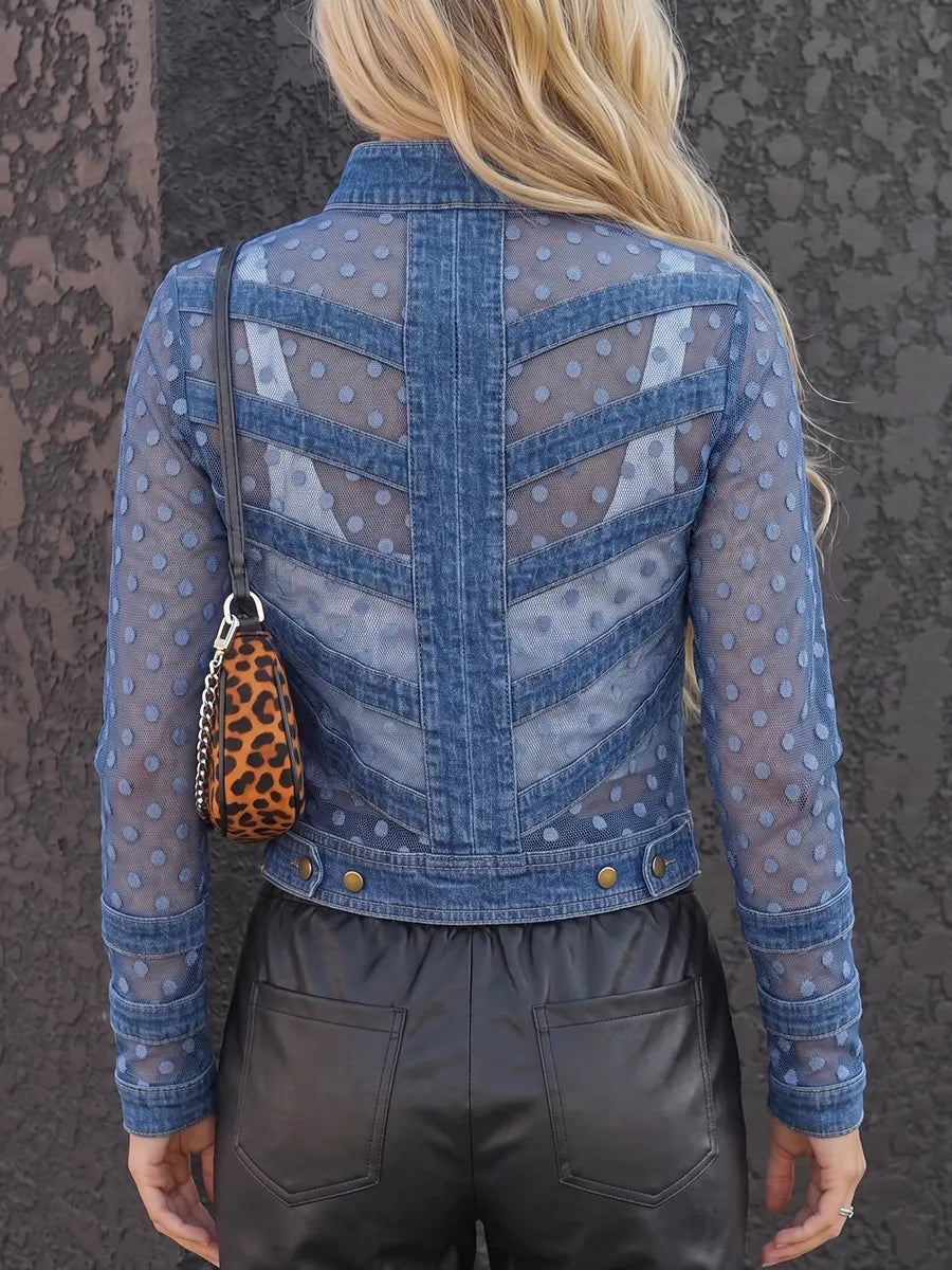 Contemporary Denim Spliced Swiss Dot Mesh Jacket