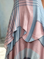 Women Pink Blue Contrast Horizontal Stripe Sleeveless Irregular Flowy Vacation Maxi Dress
