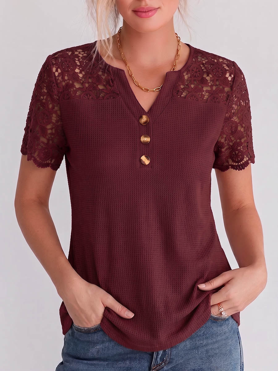 Women's Solid Color V-neck Waffle-knit Pullover With Lace Embroidery Panel – Casual Loose Fit
