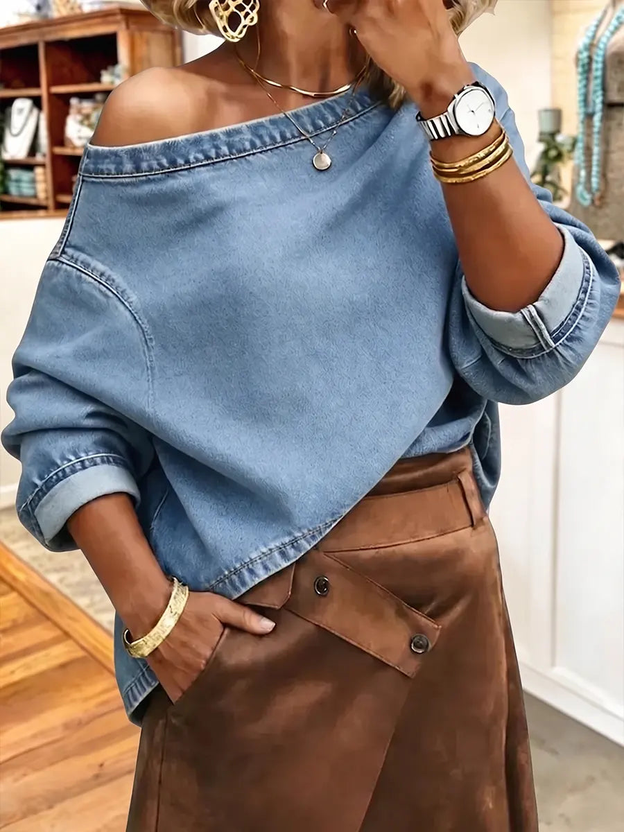 Chic Slouchy Off-The-Shoulder Denim Pullover Top