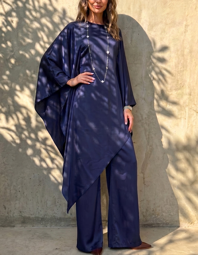 Women's Satin Two-piece Set, Featuring An Asymmetrical Shawl-sleeved Long Top And Wide-leg Trousers.