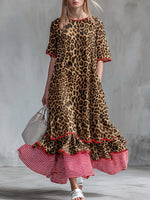 Elegant Ruffled Leopard-print Linen And Cotton Dress