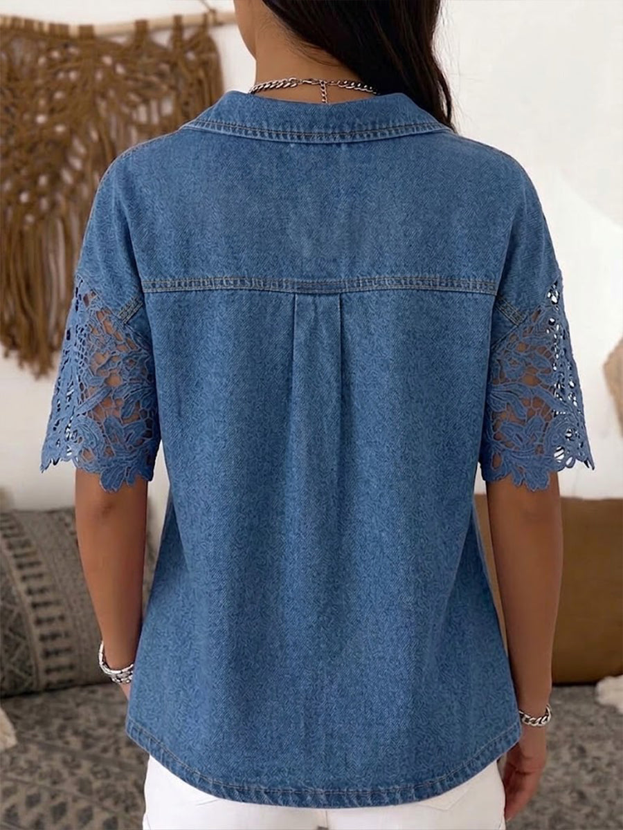 Casual Patchwork Lace And Denim Henley Top