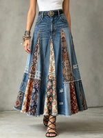 Women‘s Patchwork Floral Print Fringe Hem High Waist Denim Midi Skirt