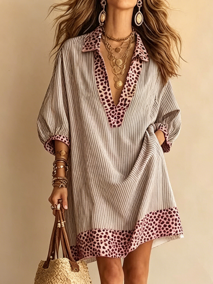 Casual Drop-shoulder Dress Featuring Vertical Stripes, An All-over Leopard Print, And Contrasting-color Panels At The Collar, Cuffs, And Hem