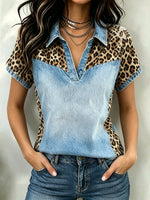 Women's Leopard Patchwork Denim V-Neck Top