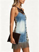 Women's Leopard Patchwork Denim Hollow Halter Fringe Mini Dress