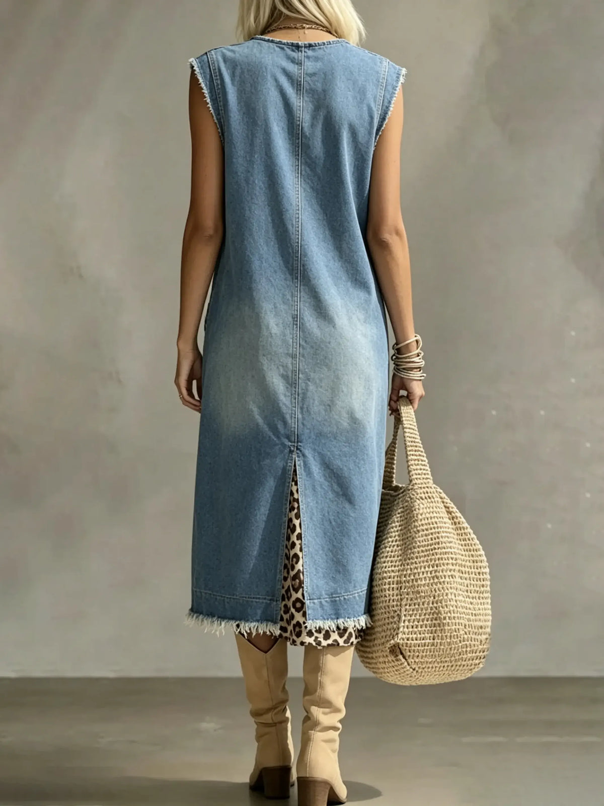 Women's Leopard Print Patchwork Denim Sleeveless Slit Midi Dress