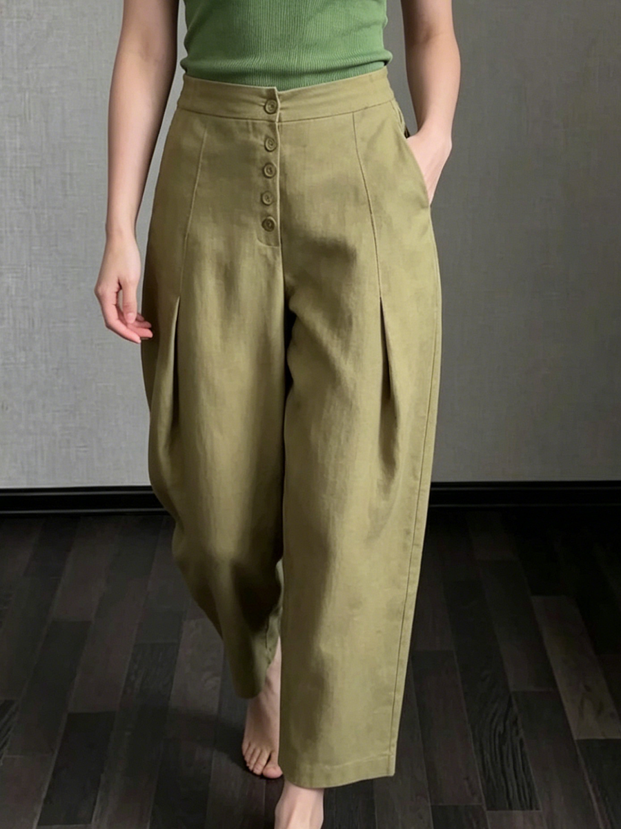 Minimalist Elegant Pleated Cotton-linen Cropped Trousers